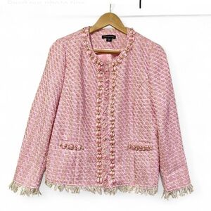 Michael Simon EUC pink & gold tweed blazer w/ fringe & retro embellishments